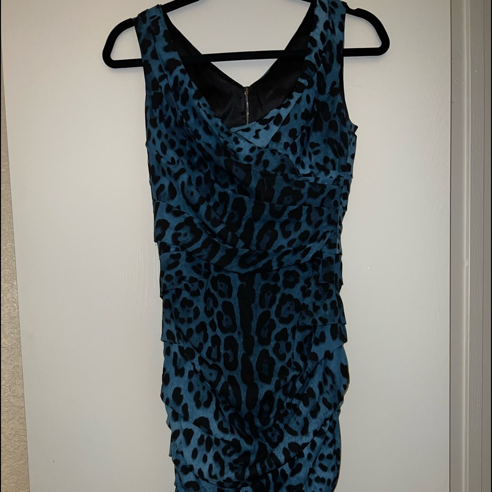 (NEW) Dolce&Gabbana Teal Leopard Print Ruched Cocktail Dress